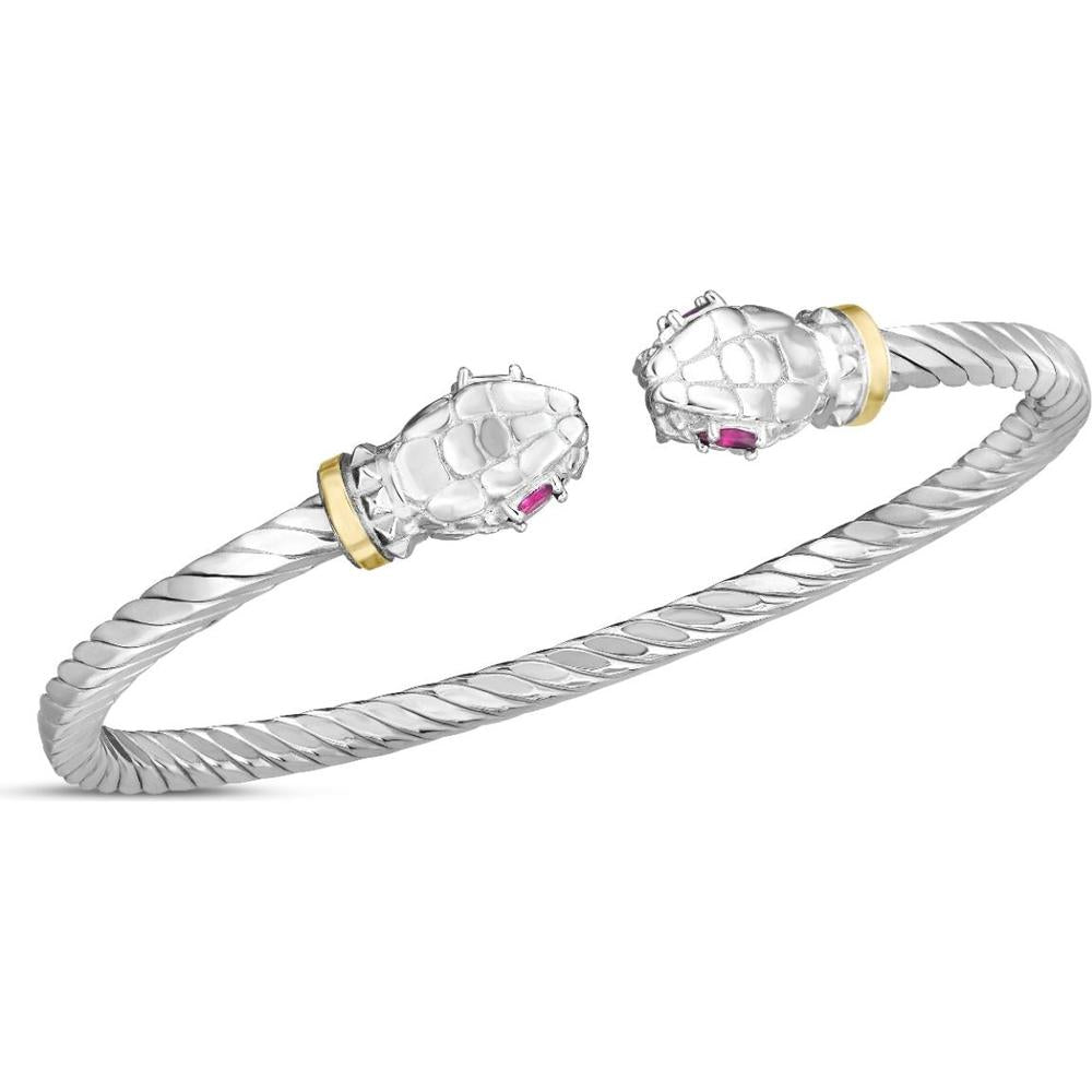 Phillip Gavriel Sterling Silver & 18K Yellow Gold Serpent Cuff Bangle with Ruby Accents Italian Cable Collection