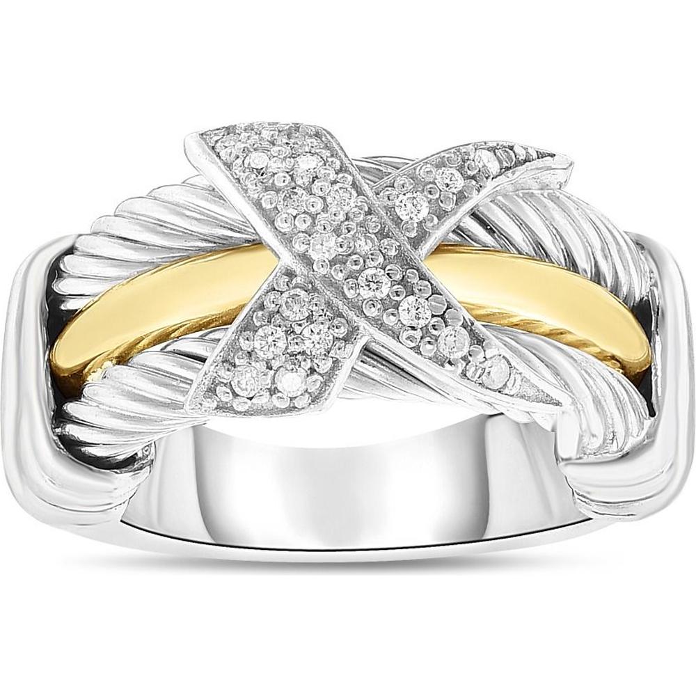 Phillip Gavriel Sterling Silver & 18K Yellow Gold Triple Row Italian Cable Ring with .10 Carat Diamond X Detail - Size 6