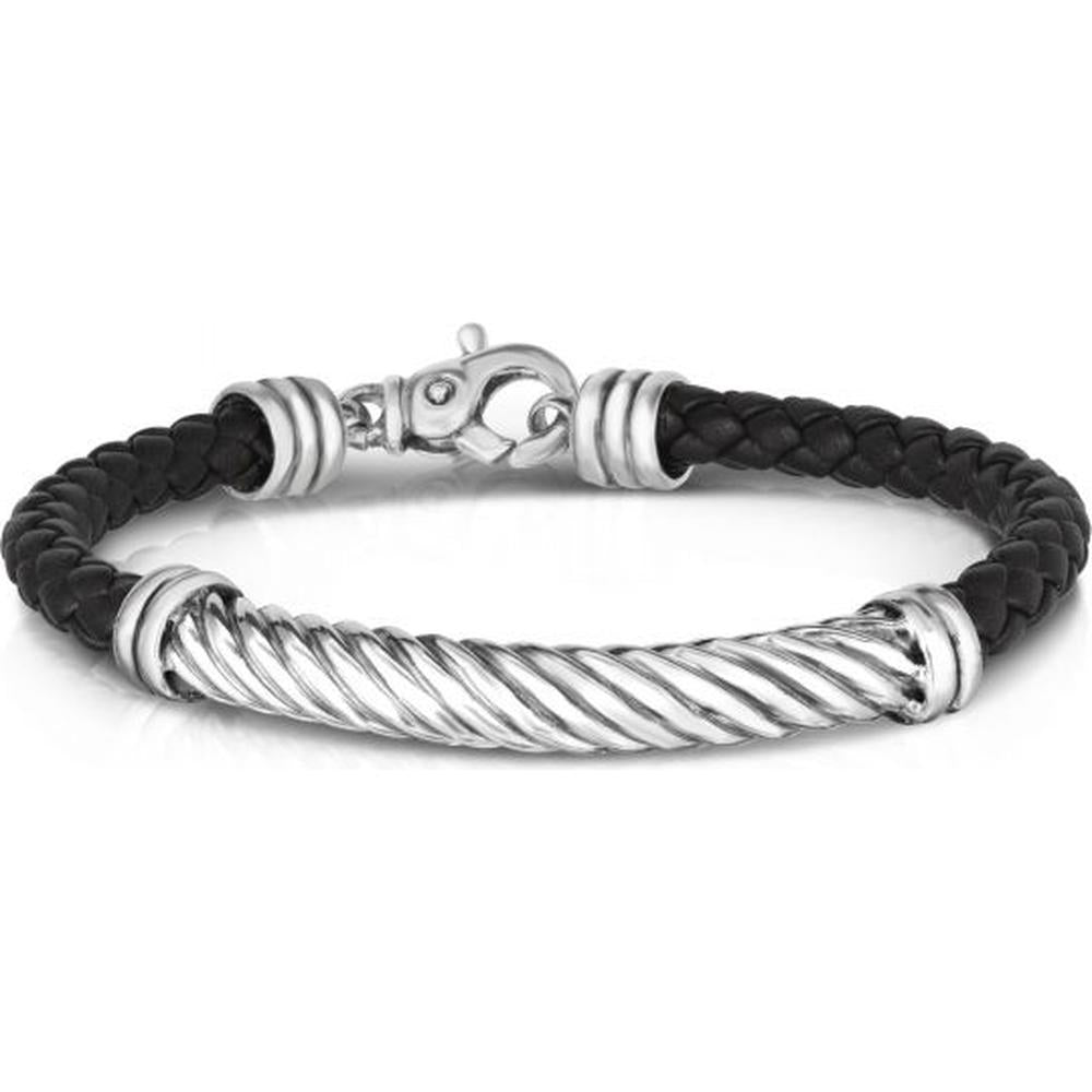 Phillip Gavriel Sterling Silver and Leather Men's 8.25" Twisted Cable Bracelet