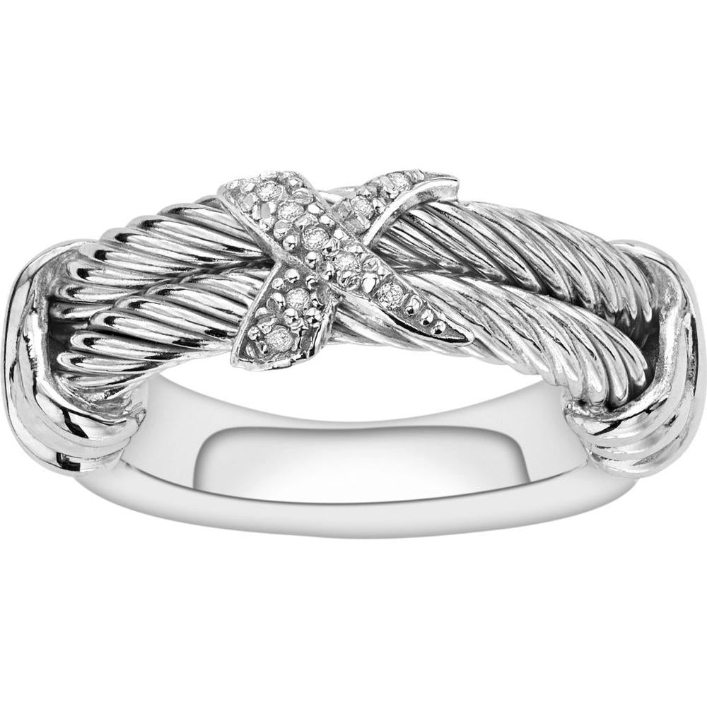 Phillip Gavriel Sterling Silver Italian Cable Ring with 0.04 Carat Round Diamond and White Rhodium Finish - Size 7