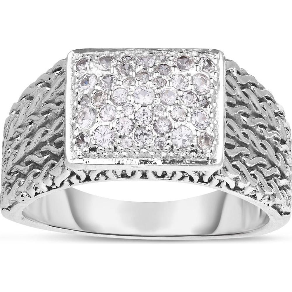 Phillip Gavriel Sterling Silver Men's Ring with Woven Texture and Round White Sapphires - 12mm Width - Size 11