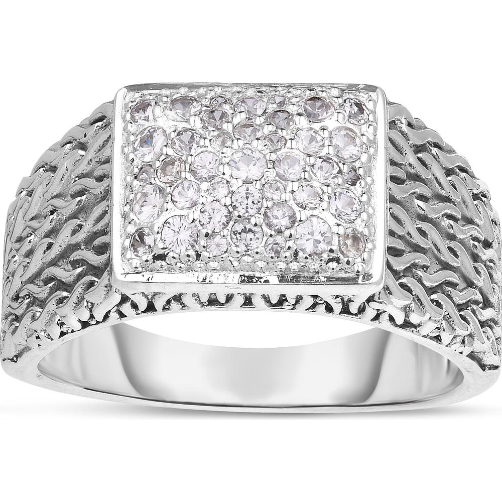 Phillip Gavriel Sterling Silver Men's Ring with Woven Texture and Round White Sapphires - 12mm Width - Size 11