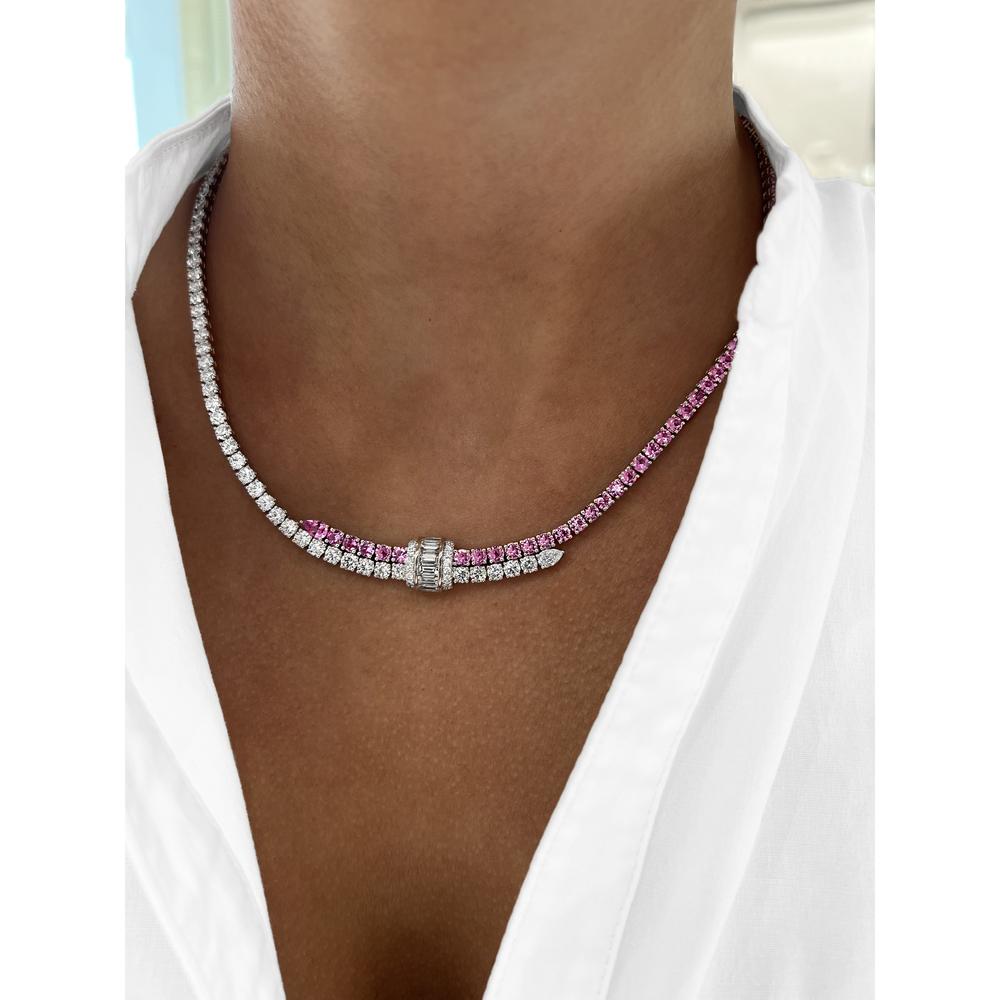 Pink Sapphire and Diamond Signature Pull Necklace in 18K White Gold by Charles Krypell