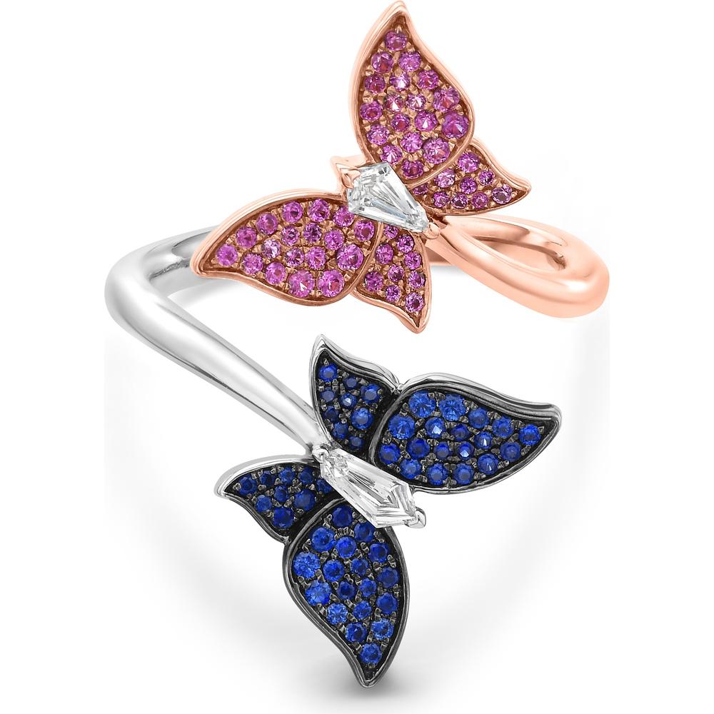 Pink Sapphire, Blue Sapphire and Diamond Double Butterfly Ring in 18K White Gold and Rose Gold by Charles Krypell