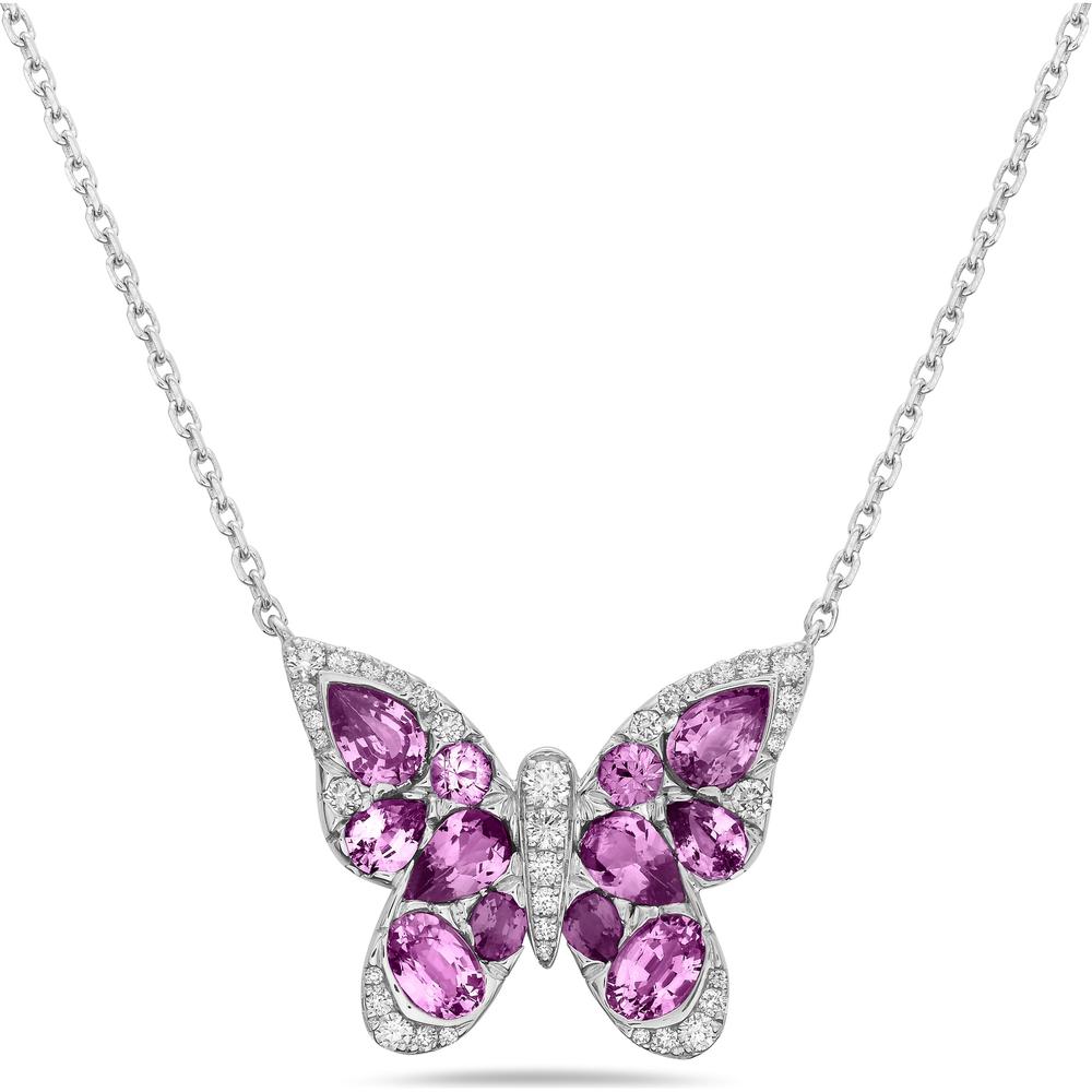 Pink Sapphire Mosaic and Diamond Butterfly Necklace in 18K White Gold by Charles Krypell