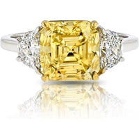 Plat 3.38 Carats Fancy Vivid Yellow Asscher Cut Three Stone Diamond Engagement Ring with White Half Moon Diamonds