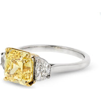 Plat 3.38 Carats Fancy Vivid Yellow Asscher Cut Three Stone Diamond Engagement Ring with White Half Moon Diamonds