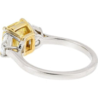 Plat 3.38 Carats Fancy Vivid Yellow Asscher Cut Three Stone Diamond Engagement Ring with White Half Moon Diamonds