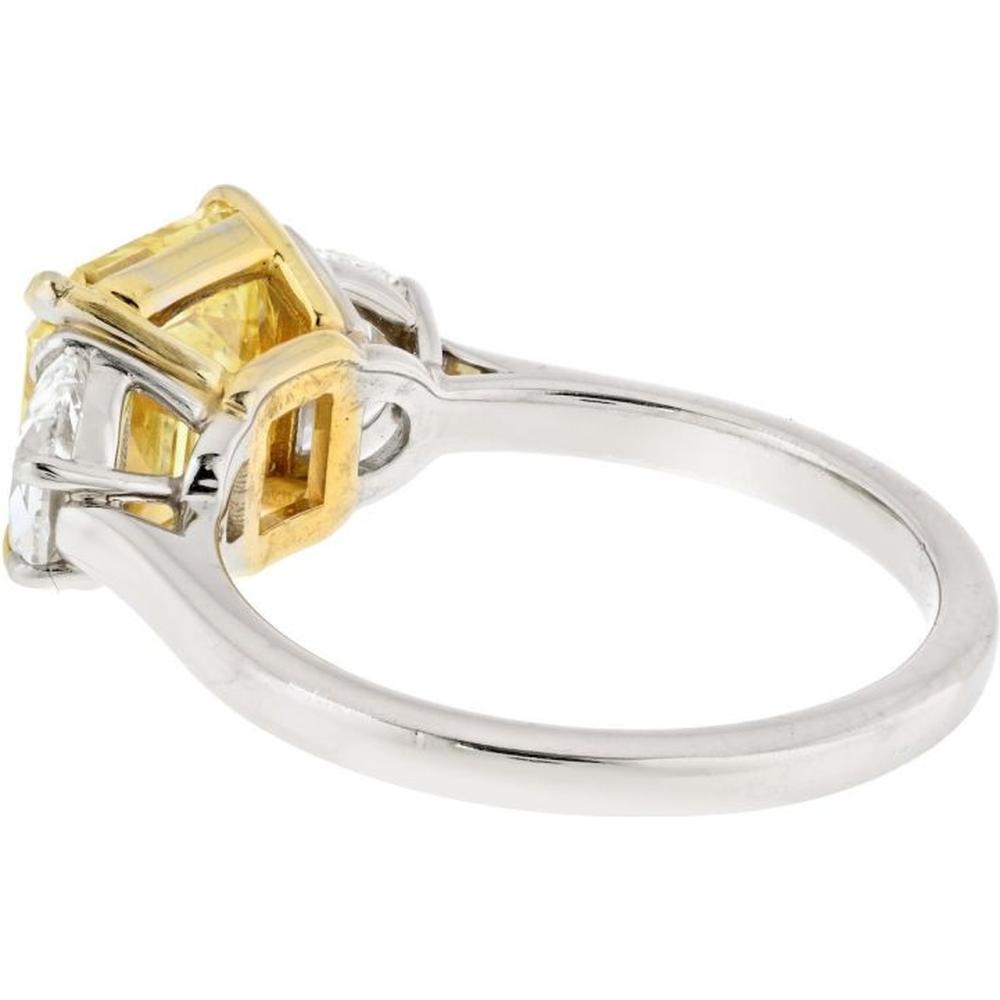 Plat 3.38 Carats Fancy Vivid Yellow Asscher Cut Three Stone Diamond Engagement Ring with White Half Moon Diamonds