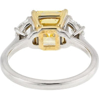Plat 3.38 Carats Fancy Vivid Yellow Asscher Cut Three Stone Diamond Engagement Ring with White Half Moon Diamonds