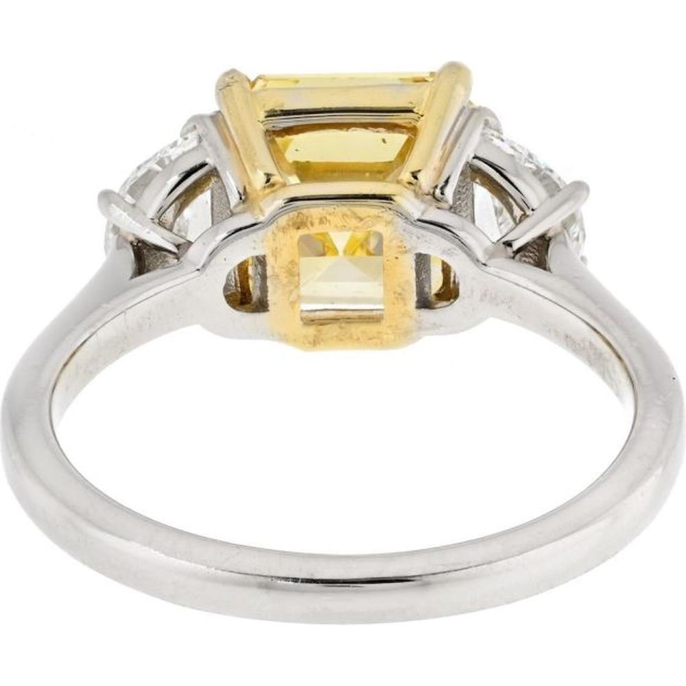 Plat 3.38 Carats Fancy Vivid Yellow Asscher Cut Three Stone Diamond Engagement Ring with White Half Moon Diamonds