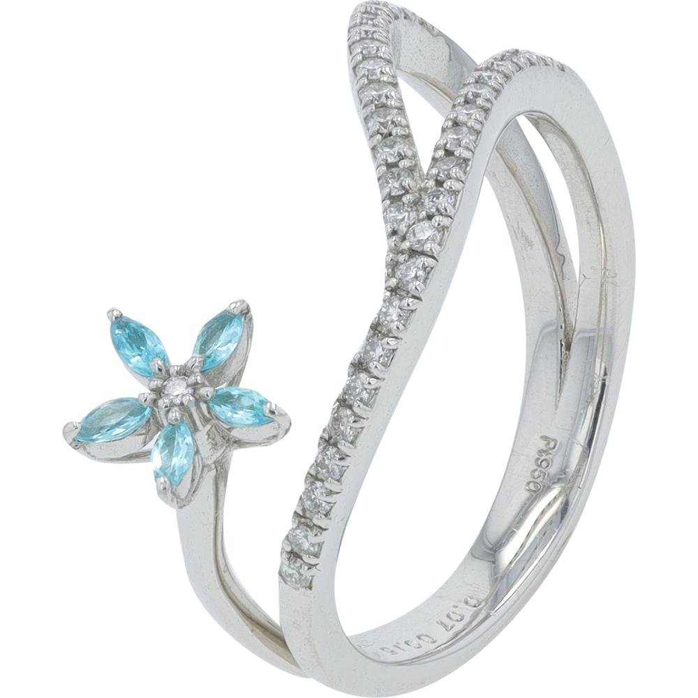 Platinum 0.07 Carat Paraiba Tourmaline Flower Bypass Ring with 0.15 Carat Diamond Accents