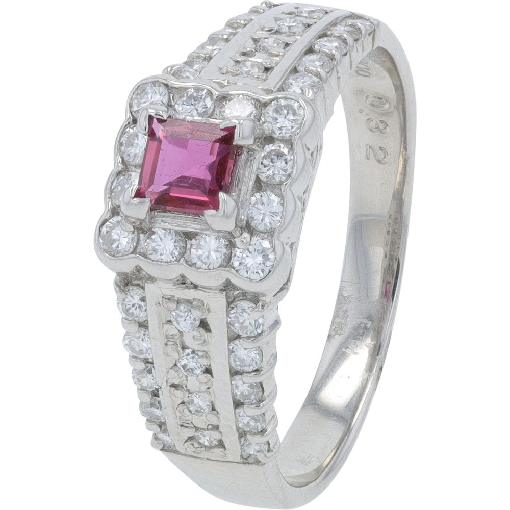 Platinum 0.32 Carat Square-Cut Ruby and 0.53 Carat Diamond Halo Ring with Milgrain Detailing