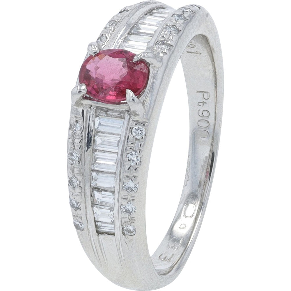 Platinum 0.33 Carat Oval Ruby Ring with Channel-Set Baguette and Round Diamond Accents - 0.31 Carat Total Diamond Weight