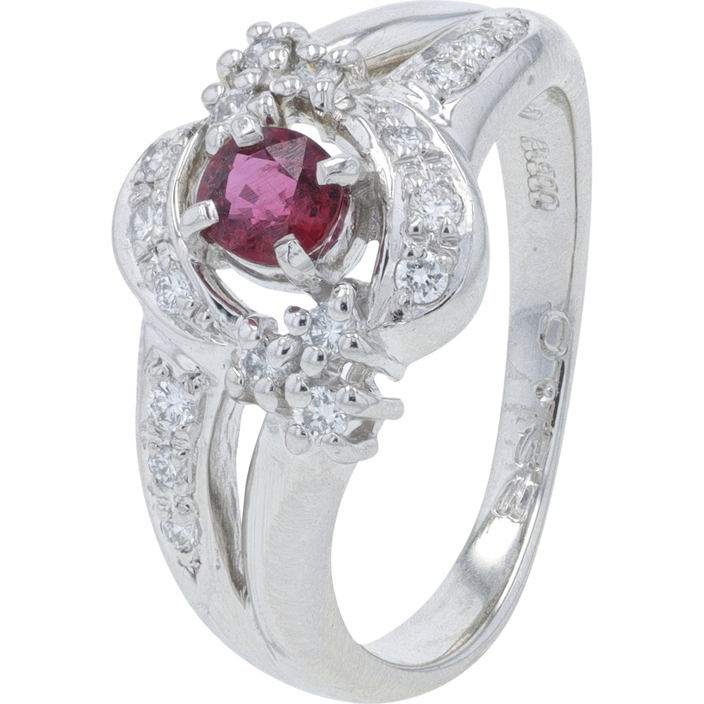 Platinum 0.33 Carat Oval Ruby Ring with Diamond Halo Accents - 0.19 Carat Total Diamond Weight