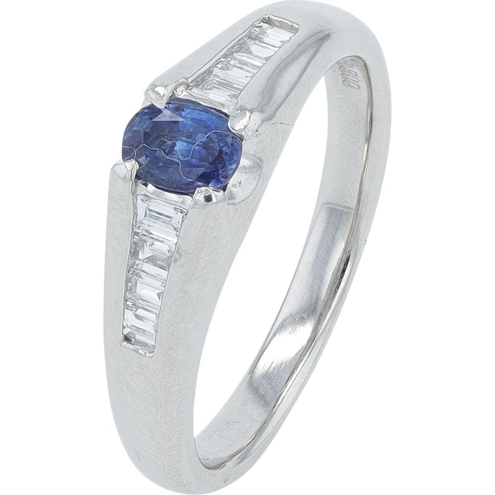 Platinum 0.35 Carat Oval Sapphire Ring with 0.20 Carat Baguette Diamonds