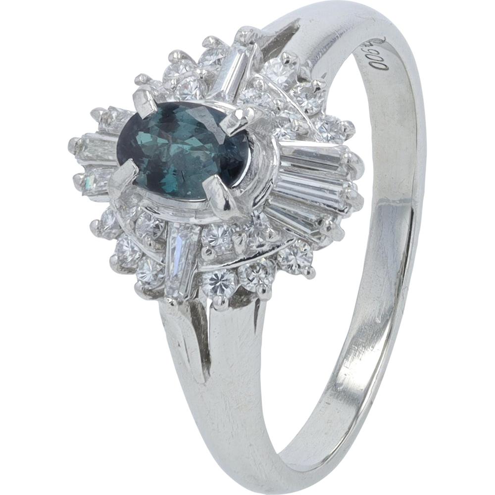 Platinum 0.36 Carat Oval Alexandrite Ring with 0.36 Carat Round and Baguette Diamonds