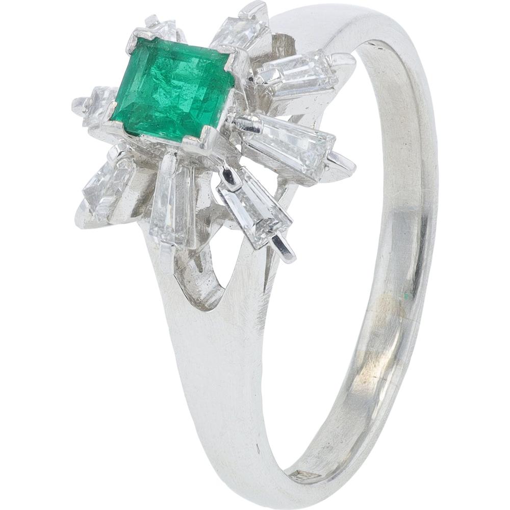 Platinum 0.37 Carat Emerald Ring with 0.29 Carat Baguette Diamonds - Square Cut Emerald Center