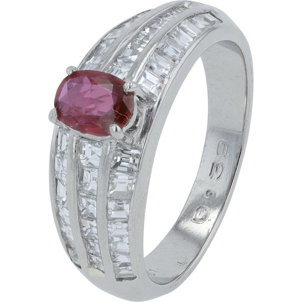 Platinum 0.39 Carat Ruby Ring with 1.25 Carats of Baguette Diamonds