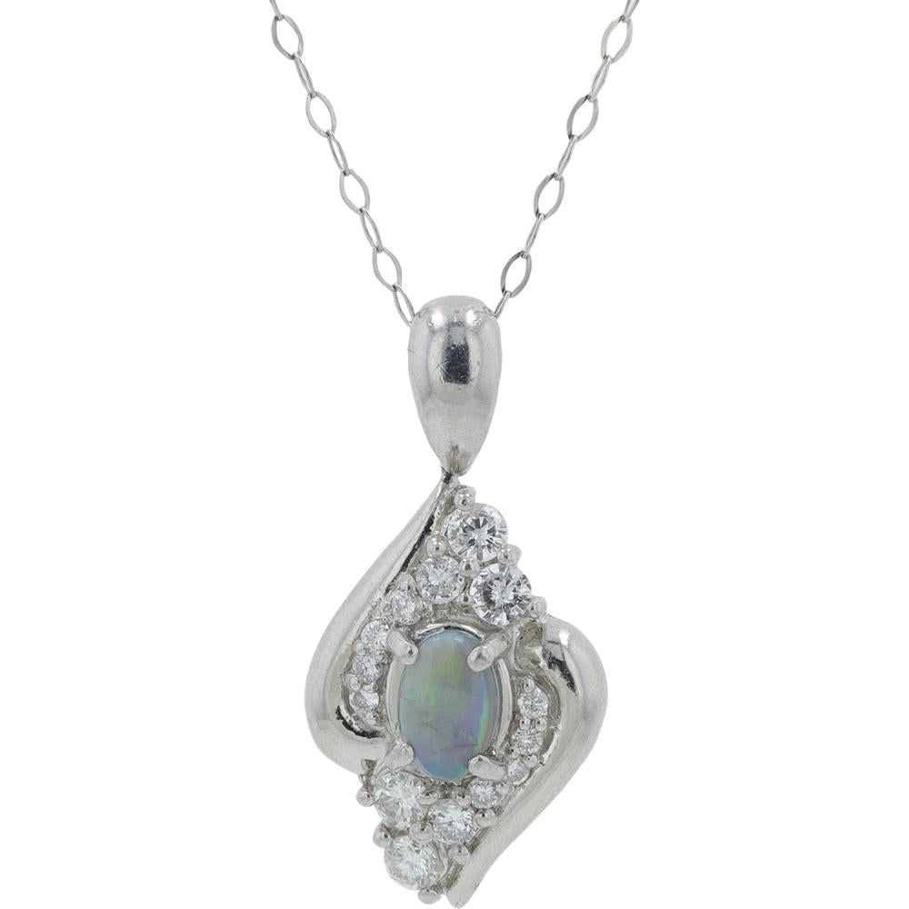 Platinum 0.40 Carat Black Opal Pendant with 0.30 Carat Diamond Halo - 18" Chain