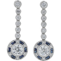 Platinum 0.44 Carat Sapphire and 1.68 Carat Diamond Drop Earrings with Halo and Milgrain Detail
