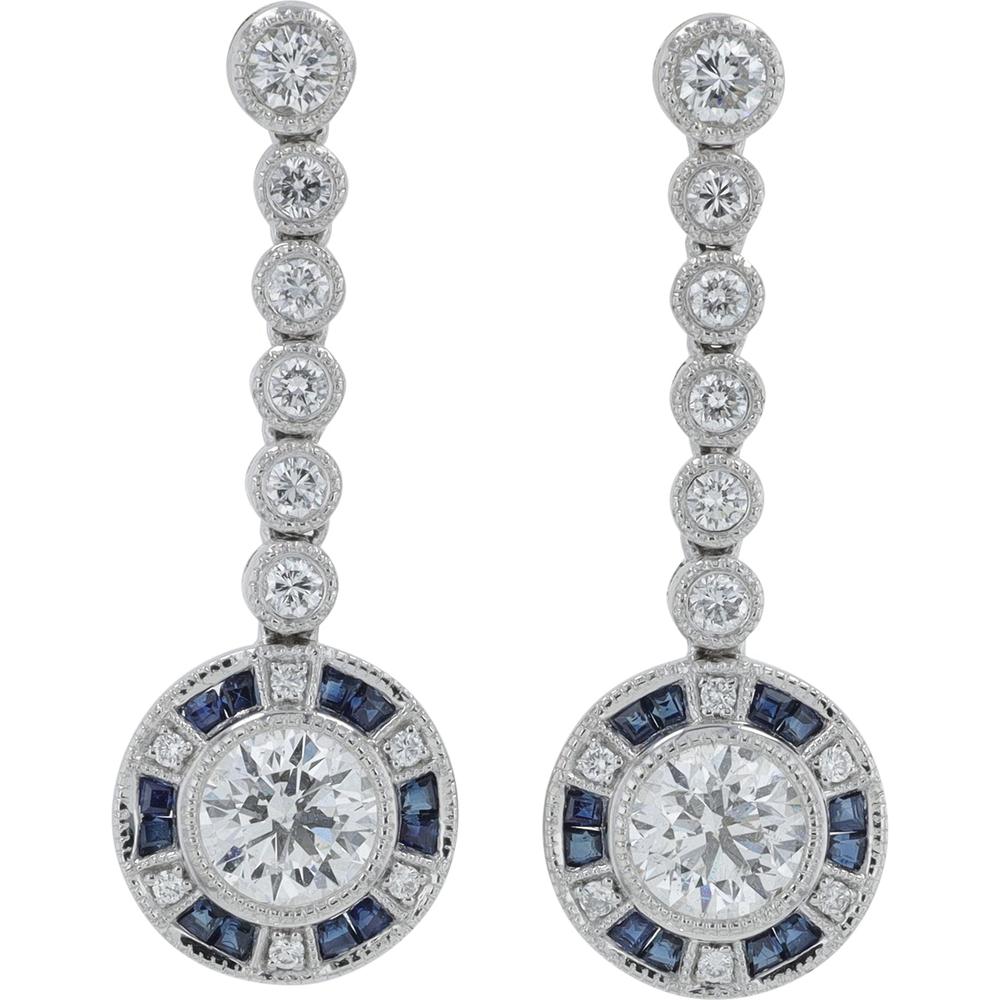 Platinum 0.44 Carat Sapphire and 1.68 Carat Diamond Drop Earrings with Halo and Milgrain Detail