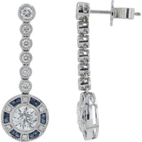 Platinum 0.44 Carat Sapphire and 1.68 Carat Diamond Drop Earrings with Halo and Milgrain Detail
