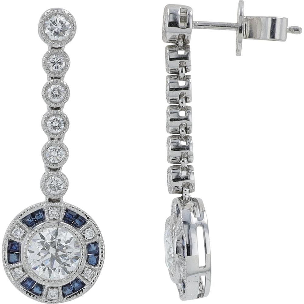Platinum 0.44 Carat Sapphire and 1.68 Carat Diamond Drop Earrings with Halo and Milgrain Detail