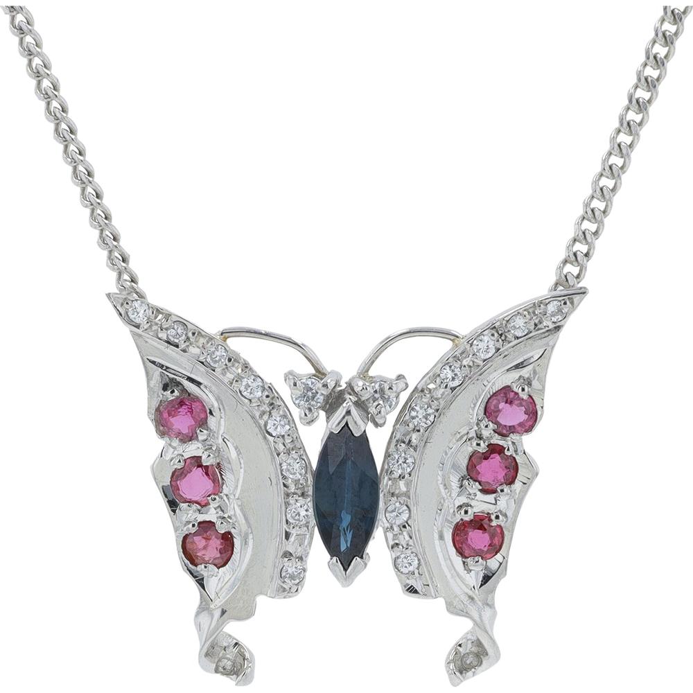 Platinum 0.45 Carat Marquise Sapphire & 0.35 Carat Ruby Butterfly Necklace with 0.18 Carat Diamond Accents