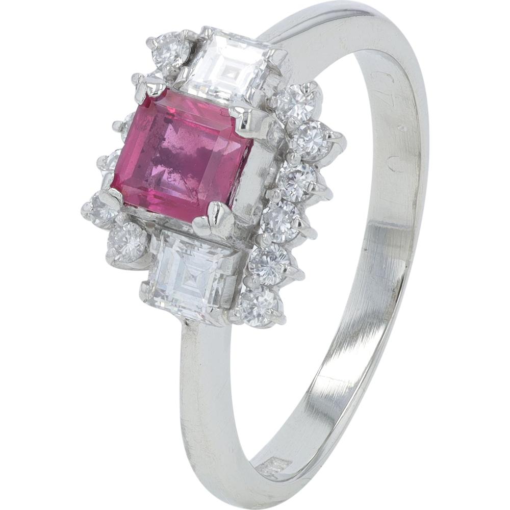 Platinum 0.45 Carat Square Ruby Ring with 0.62 Carat Diamond Halo - Platinum 900