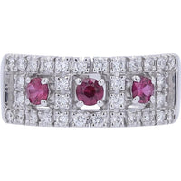 Platinum 0.46 Carats Ruby Three Stone Ring with Diamond Accents - 0.45 Carats Total Diamond Weight
