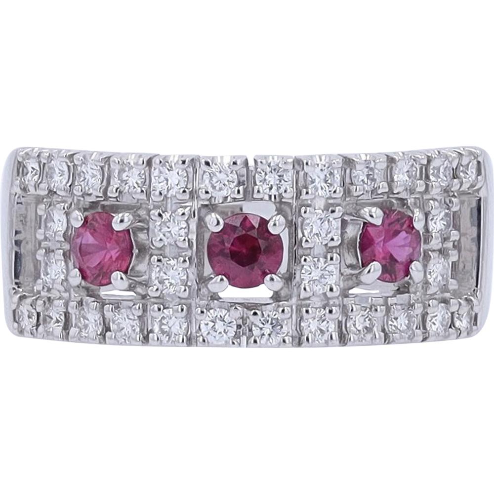 Platinum 0.46 Carats Ruby Three Stone Ring with Diamond Accents - 0.45 Carats Total Diamond Weight
