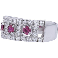 Platinum 0.46 Carats Ruby Three Stone Ring with Diamond Accents - 0.45 Carats Total Diamond Weight
