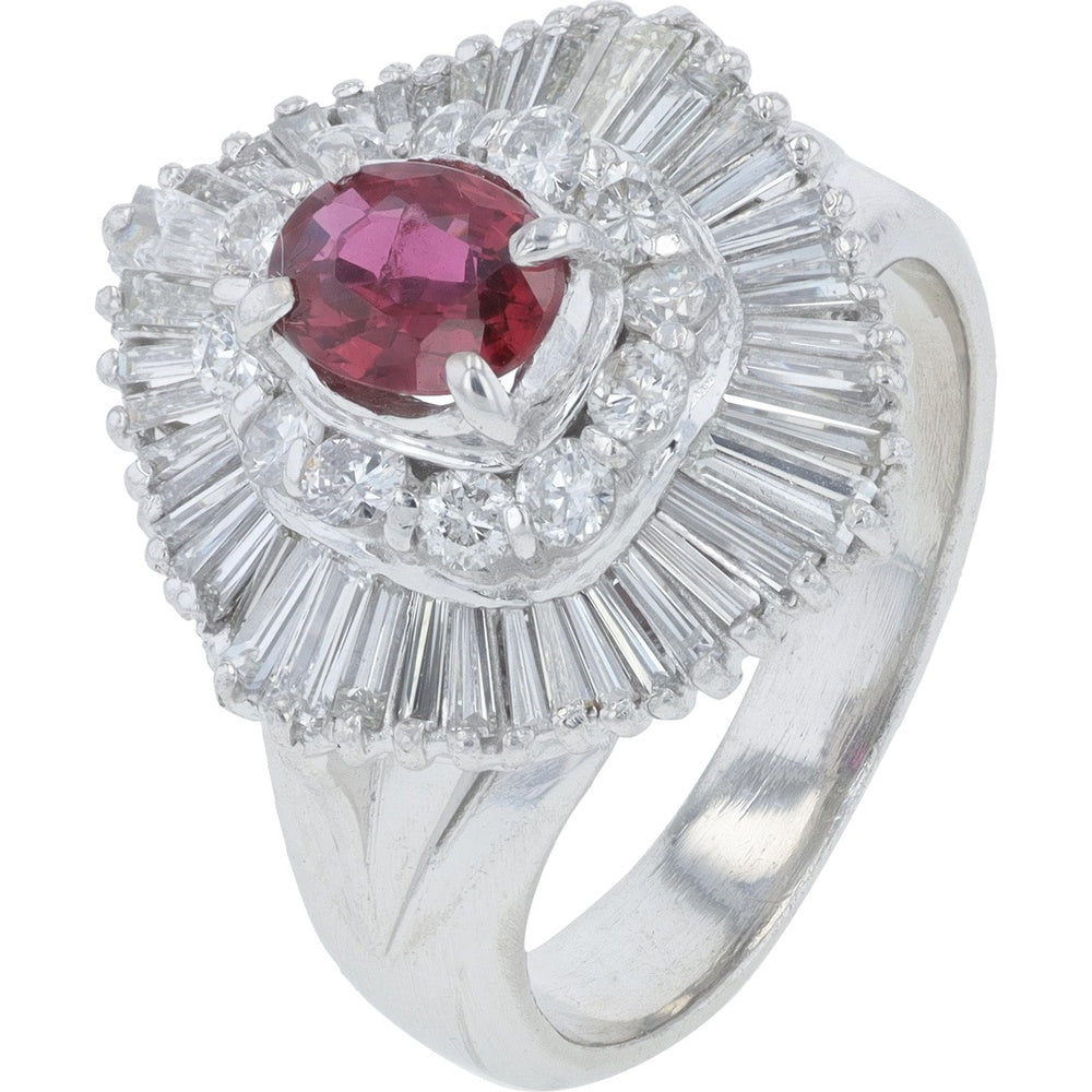 Platinum 0.52 Carat Ruby Ballerina Ring with 1.20 Carat Tapered Baguette and Round Diamond Halo