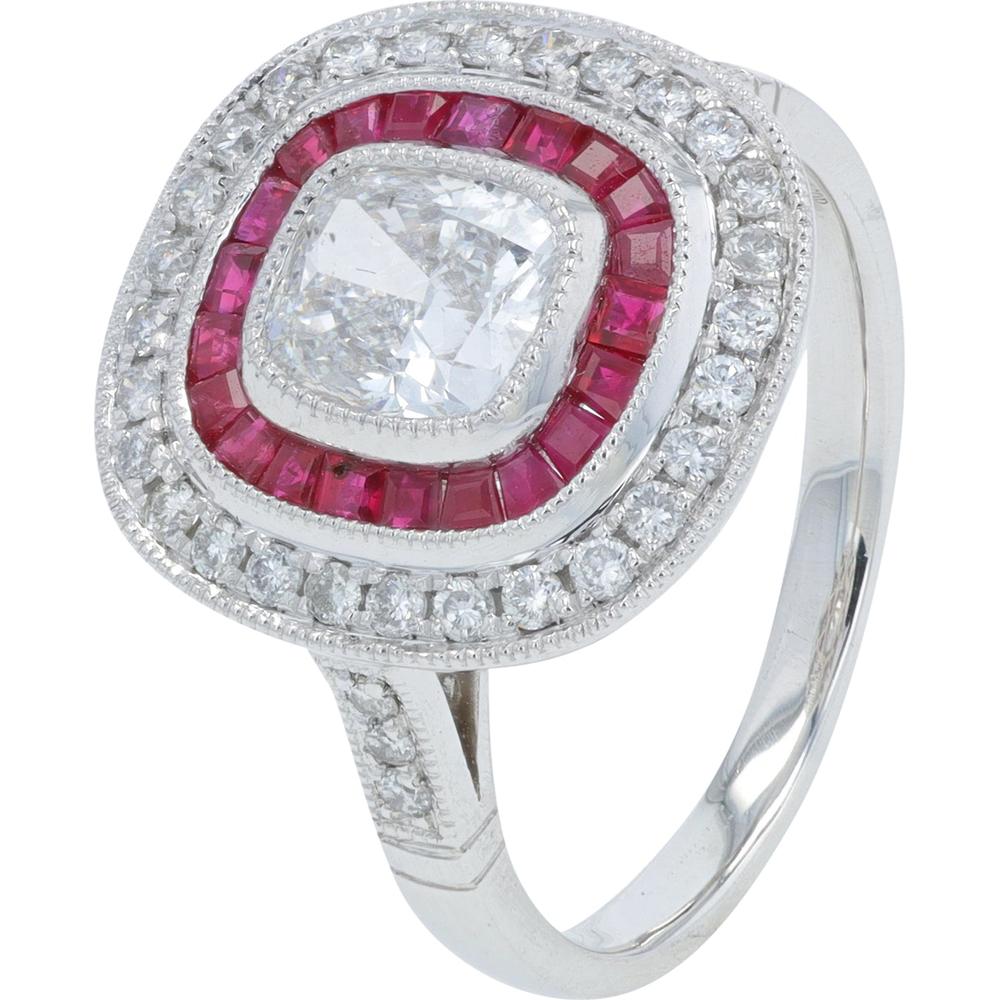 Platinum 0.55 Carat Cushion Cut Ruby Ring with 1.33 Carat Diamond Halo