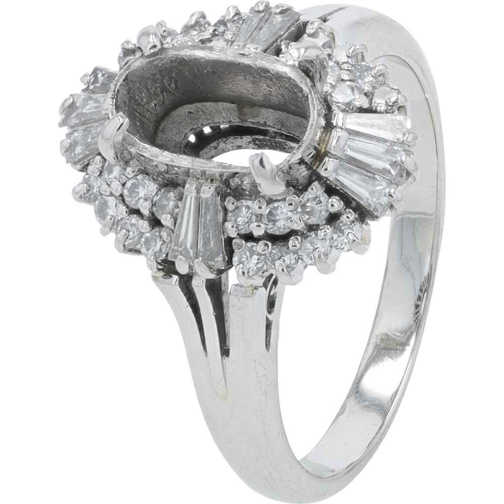 Platinum 0.57 Carat Diamond Semi - Mount Ring with Halo of Baguette and Round Diamonds - 0.57 Carat Total Diamond Weight