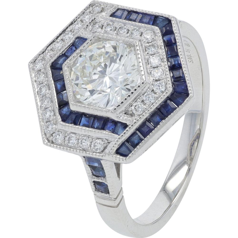 Platinum 0.57 Carat Sapphire Ring with 0.94 Carat Diamond Halo in Hexagon Design
