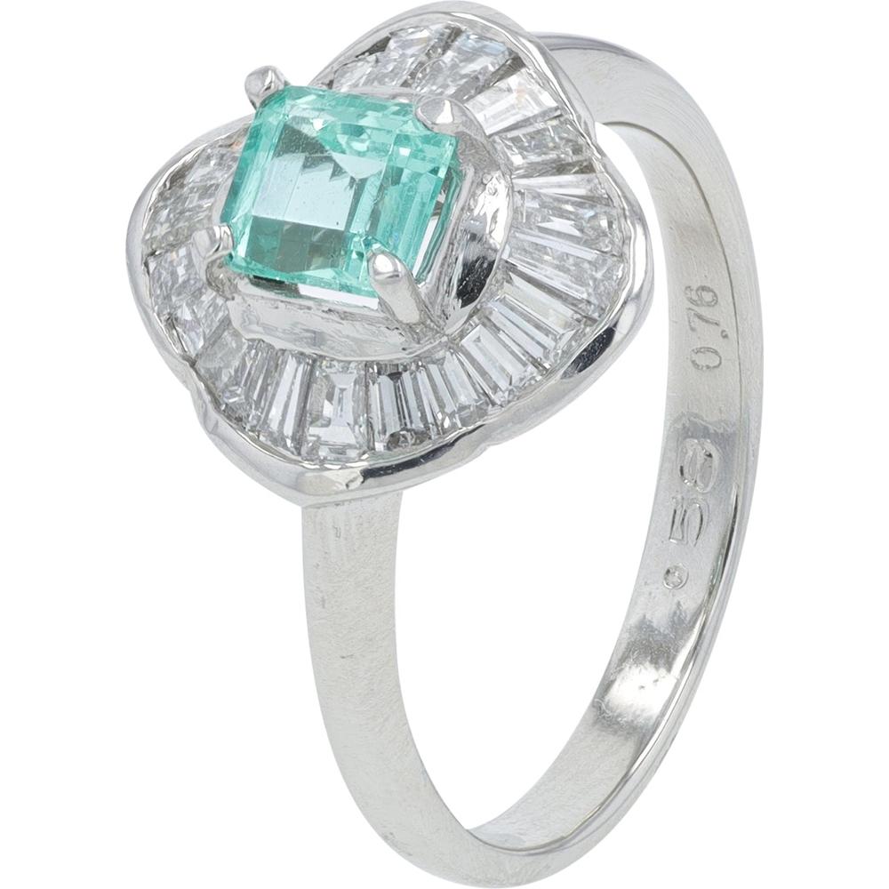 Platinum 0.58 Carat Emerald and Diamond Baguette Ring - 0.76 Carat Total Diamond Weight