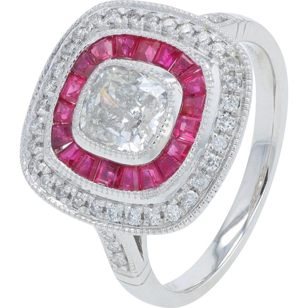 Platinum 0.58 Carat Ruby Ring with 1.21 Carat Halo Diamonds - Cushion Cut