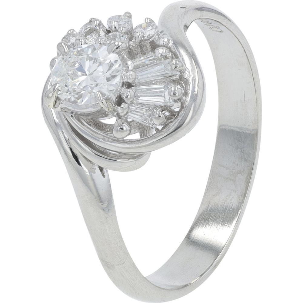 Platinum 0.58 Carat Total Weight Round Brilliant Diamond Ring with Baguette Accents - 0.58 Carat Total Diamond Weight