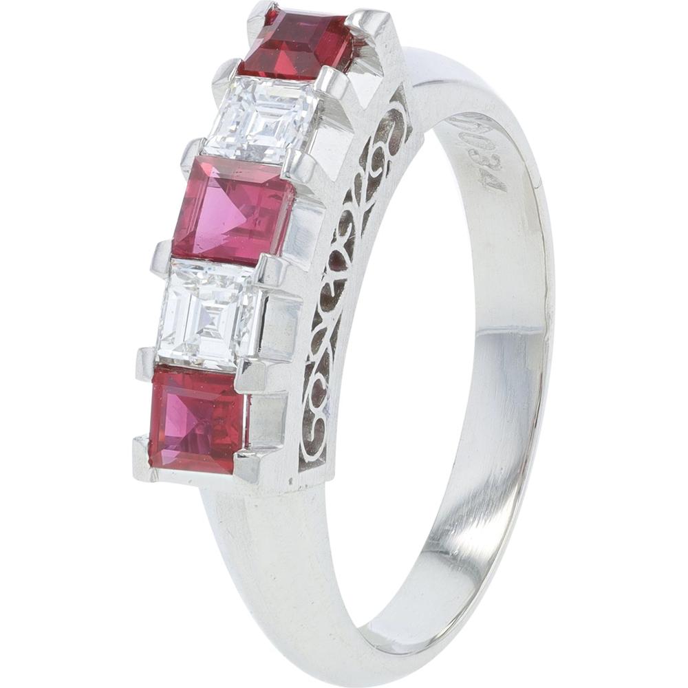 Platinum 0.60 Total Carat Weight Ruby and Diamond 3-Stone Band Ring