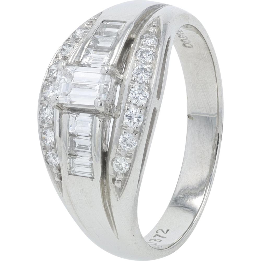 Platinum 0.62 Carat Total Weight Diamond Ring with Emerald Cut and Round Brilliant Diamonds