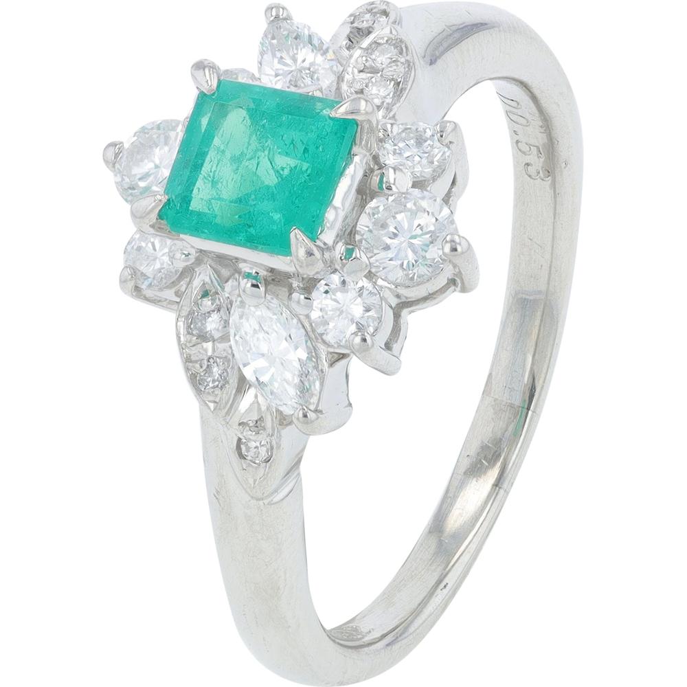 Platinum 0.62 Carat Total Weight Emerald Ring with Diamond Halo - 0.53 Carat Total Diamond Weight