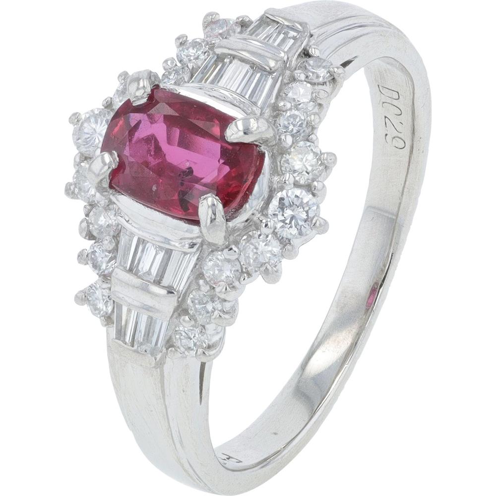 Platinum 0.63 Carat Cushion Ruby Ring with 0.29 Carat Diamond Halo - Fine Jewelry