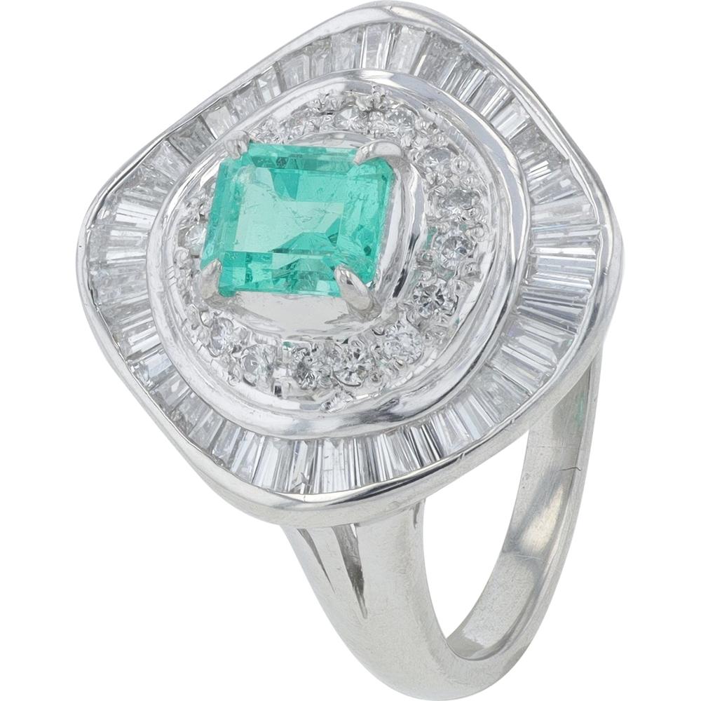 Platinum 0.63 Carats Emerald Center Ring with Diamond Halo - 0.75 Carats Total Diamond Weight