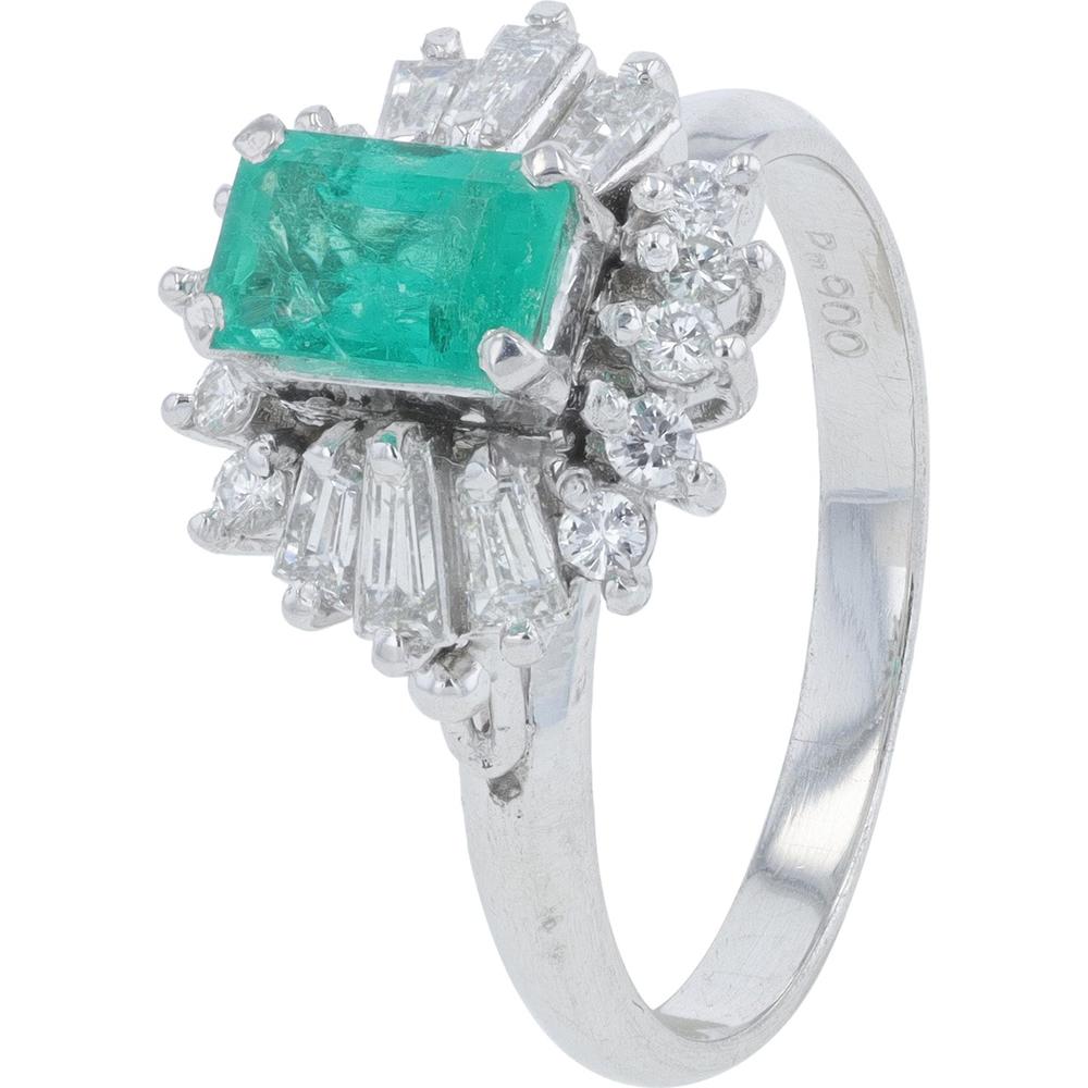 Platinum 0.65 Carat Emerald Ring with 0.52 Carat Total Round and Baguette Diamonds