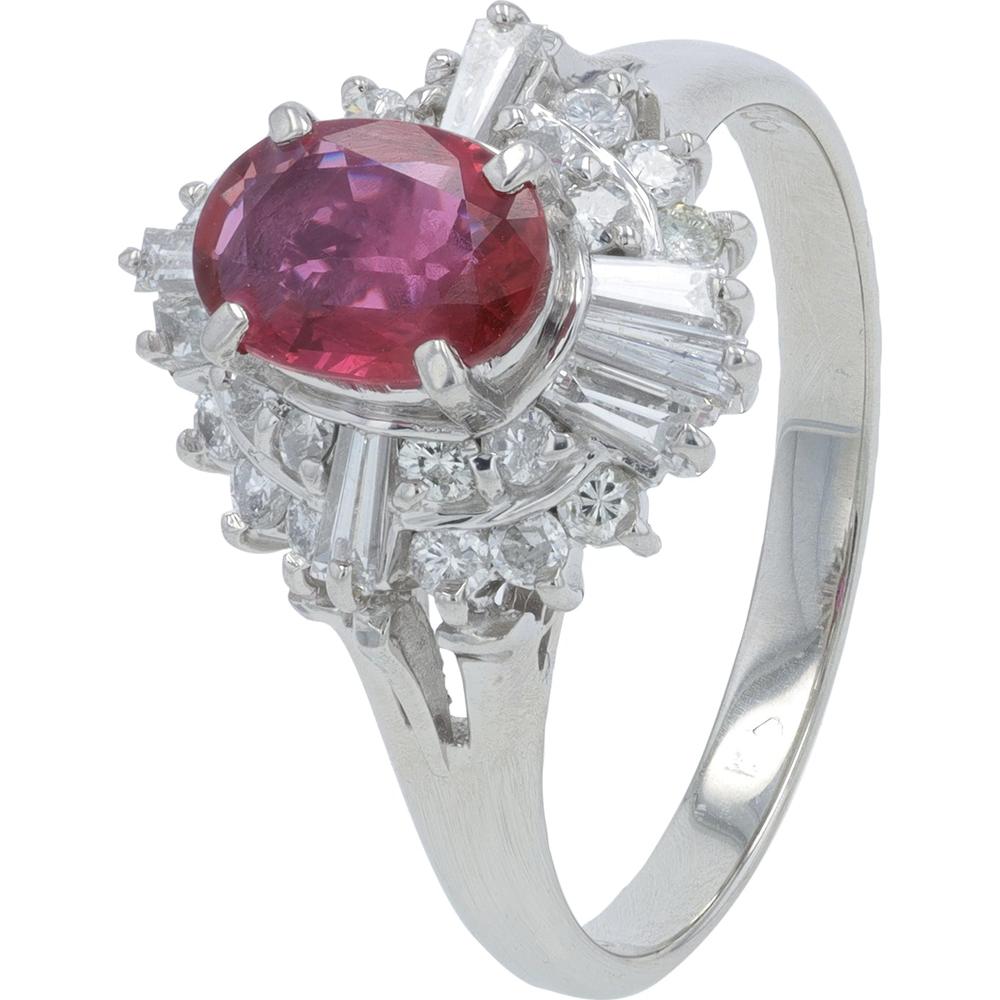 Platinum 0.66 Carat Ruby Ring with Diamond Halo - 0.59 Carat Total Diamond Weight