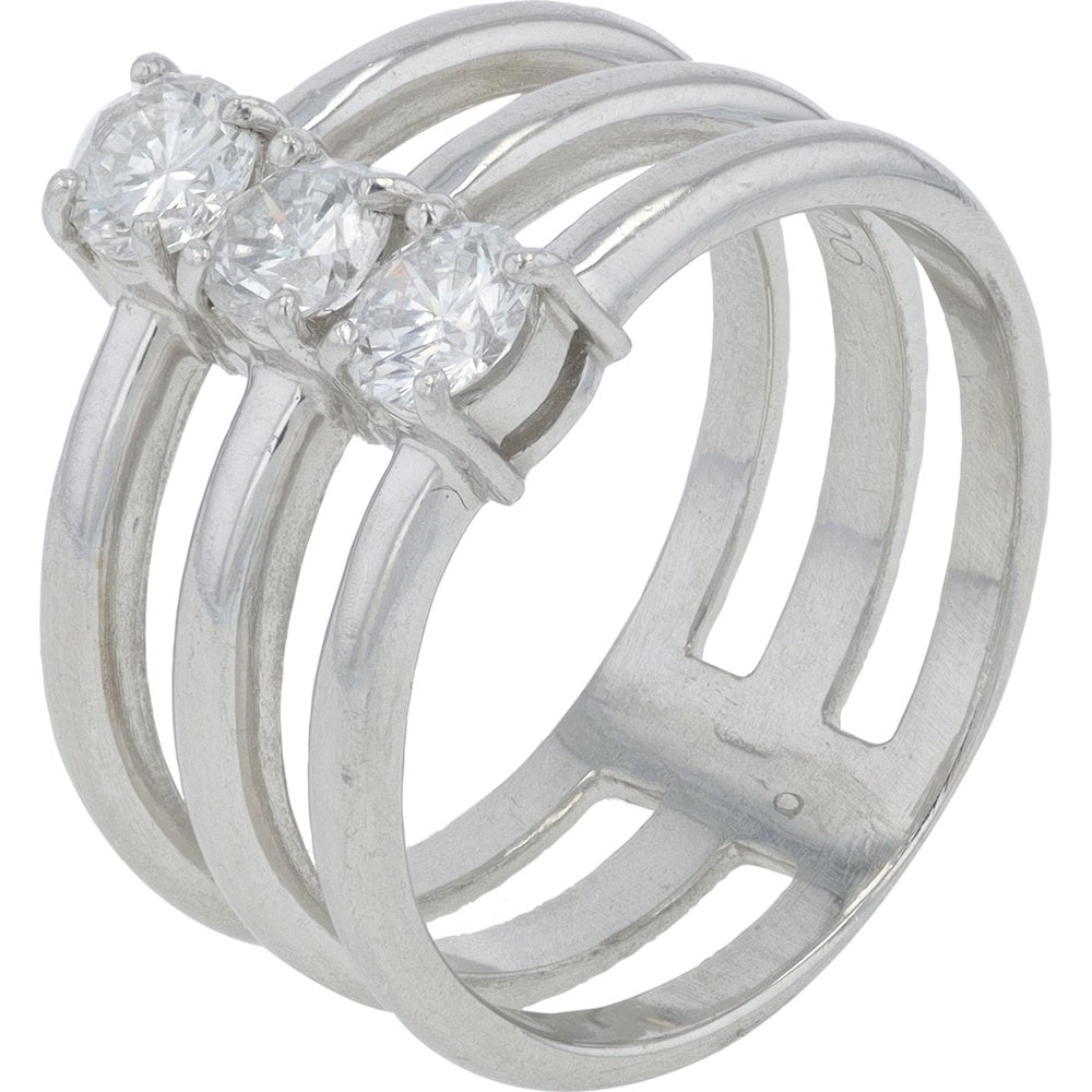 Platinum 0.67 Carat Three-Stone Diamond Ring with Round Brilliant Cut Stones and Multi-Band Design