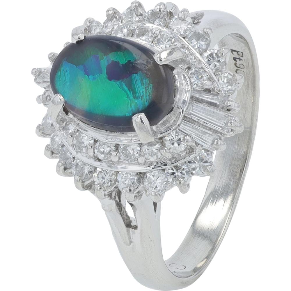 Platinum 0.69 Carat Black Opal Ring with 1.48 Carat Diamond Halo - Platinum 900