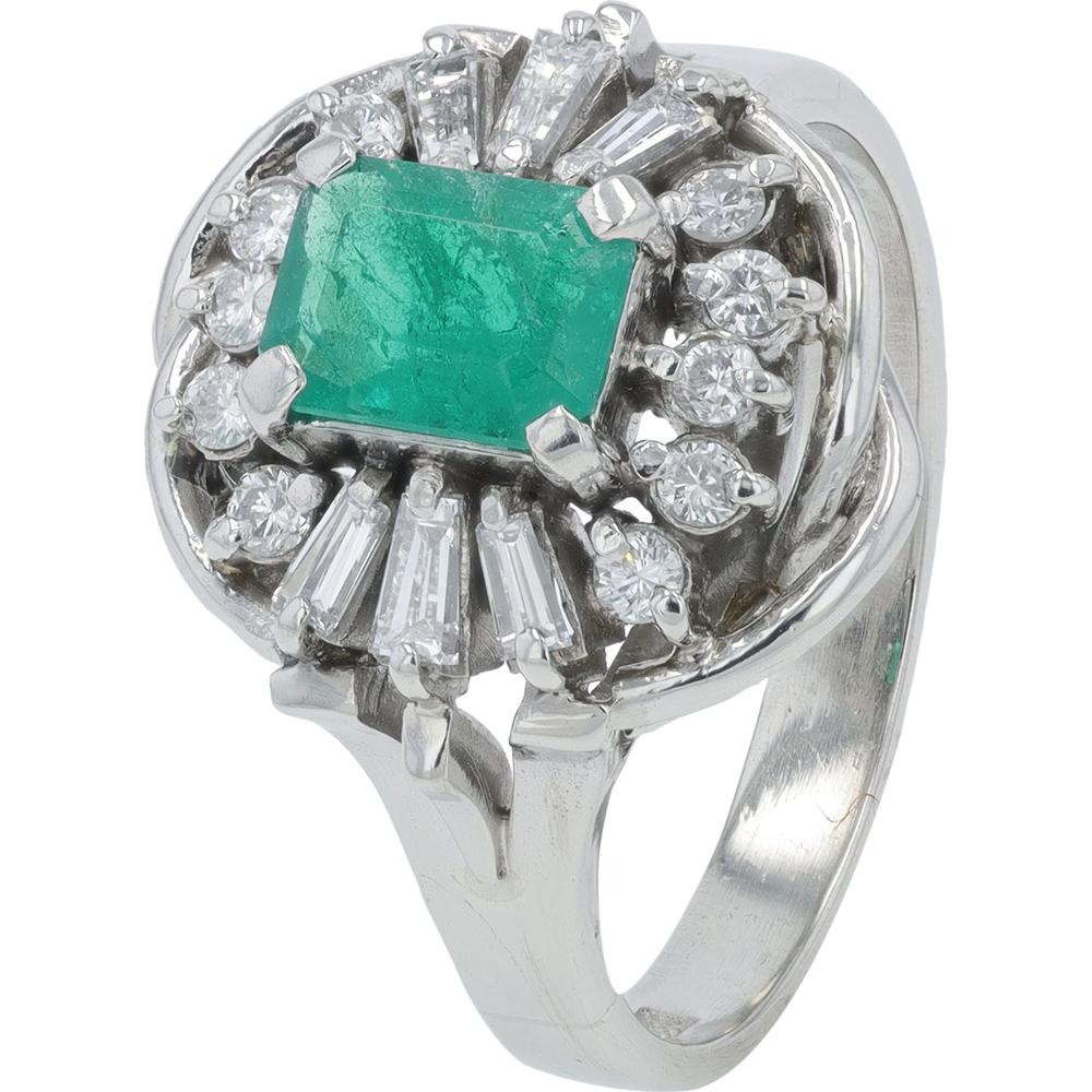 Platinum 0.71 Carat Emerald Ring with 0.45 Carat Total Weight Round and Baguette Diamonds